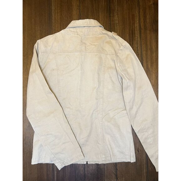 Women’s Size M Tan Denim Jacket Jean Jacket Full-Zip Pockets Ramie Outer Edge - Picture 2 of 3
